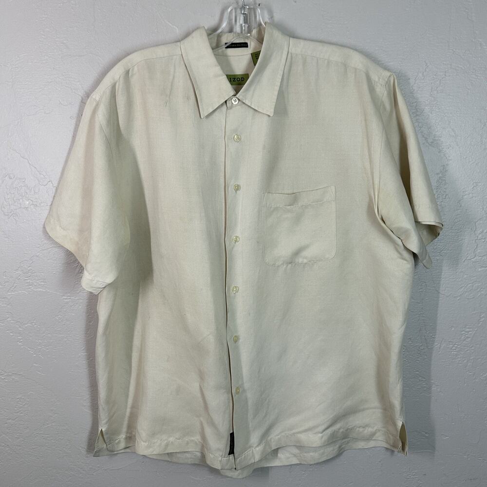 Izod Shirt Mens Large Cream Silk Linen Button Front Short Sleeve Pocket